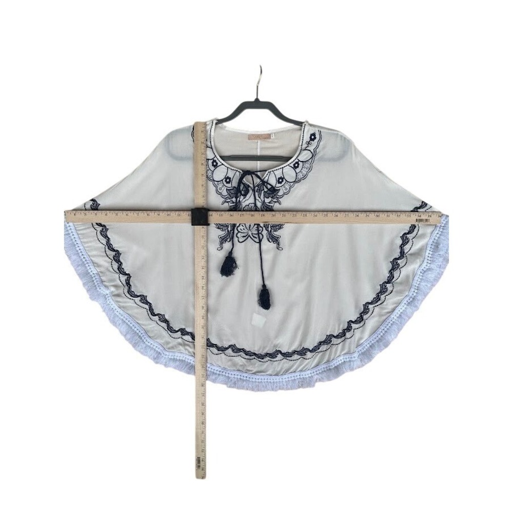 Yasiqi Fashion Womens White Navy Blue Floral Embroidered Fringe Poncho One Size - Picture 6 of 9